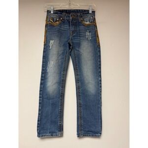 GS115 Boys Jeans Size 10 Distressed Blue‎ Denim Gold Stitching Jeans